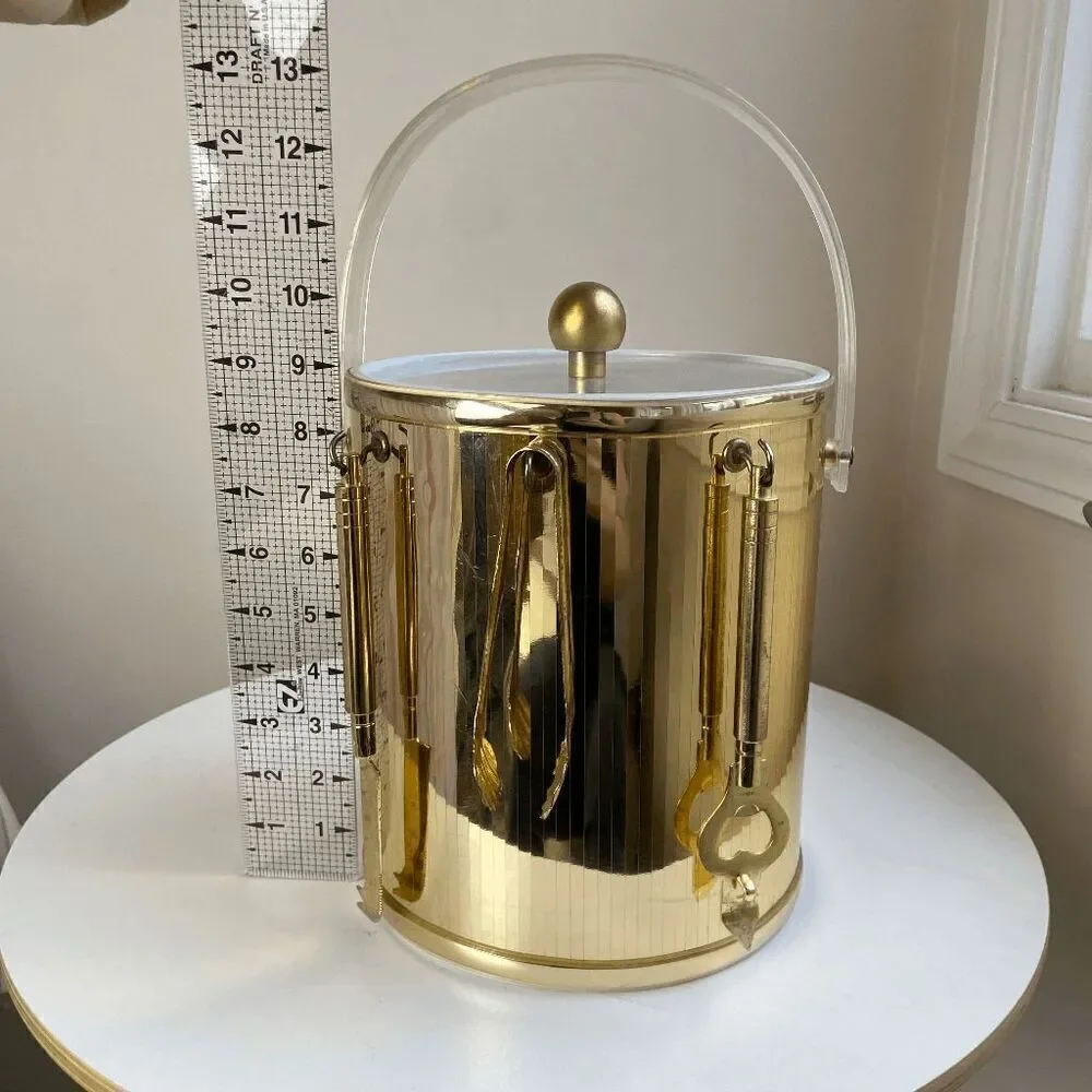 Vintage 1970s Metallic Gold Ice Bucket Clear Lucite Handle with Bar Utensils Bar